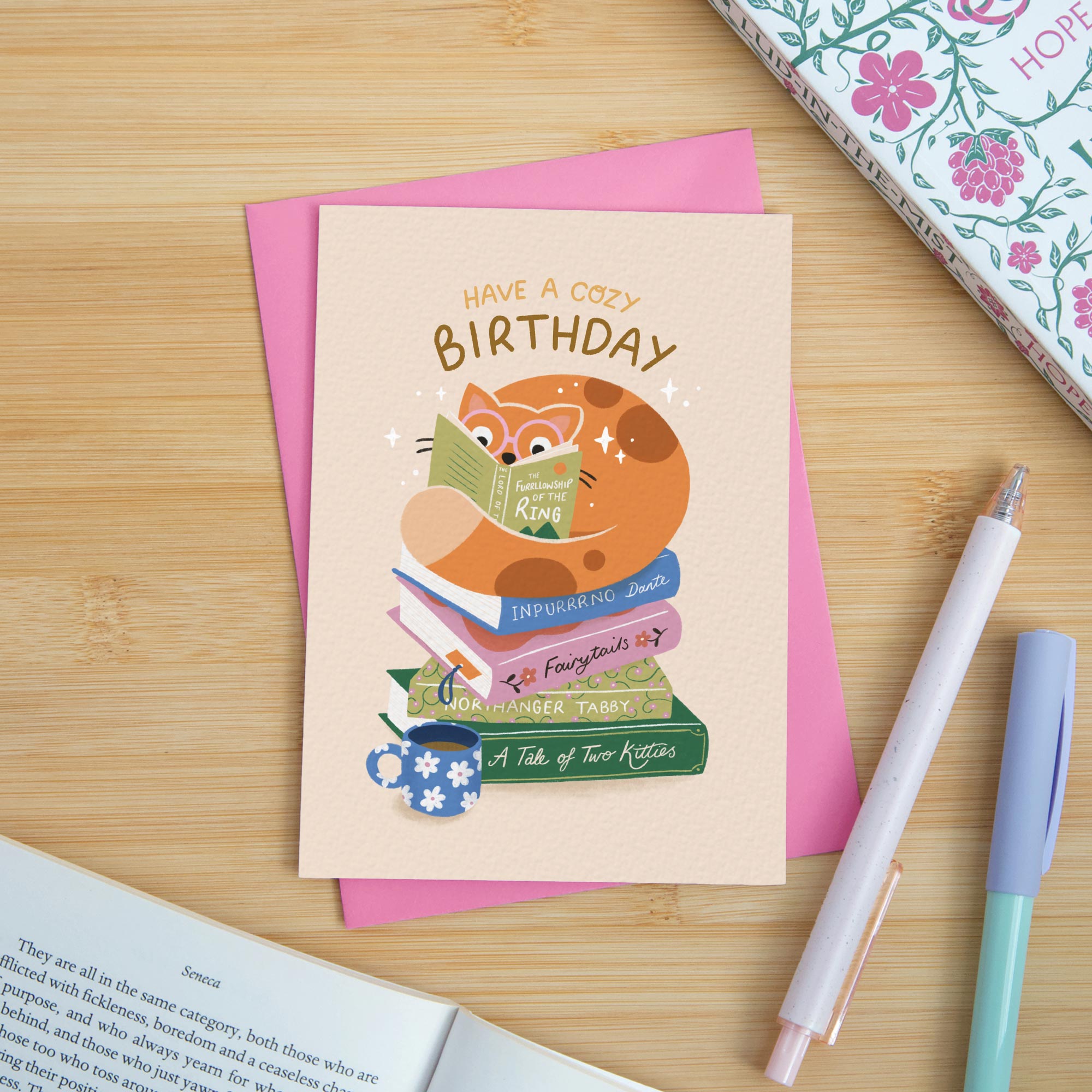 Cozy Birthday Cat and Books Card