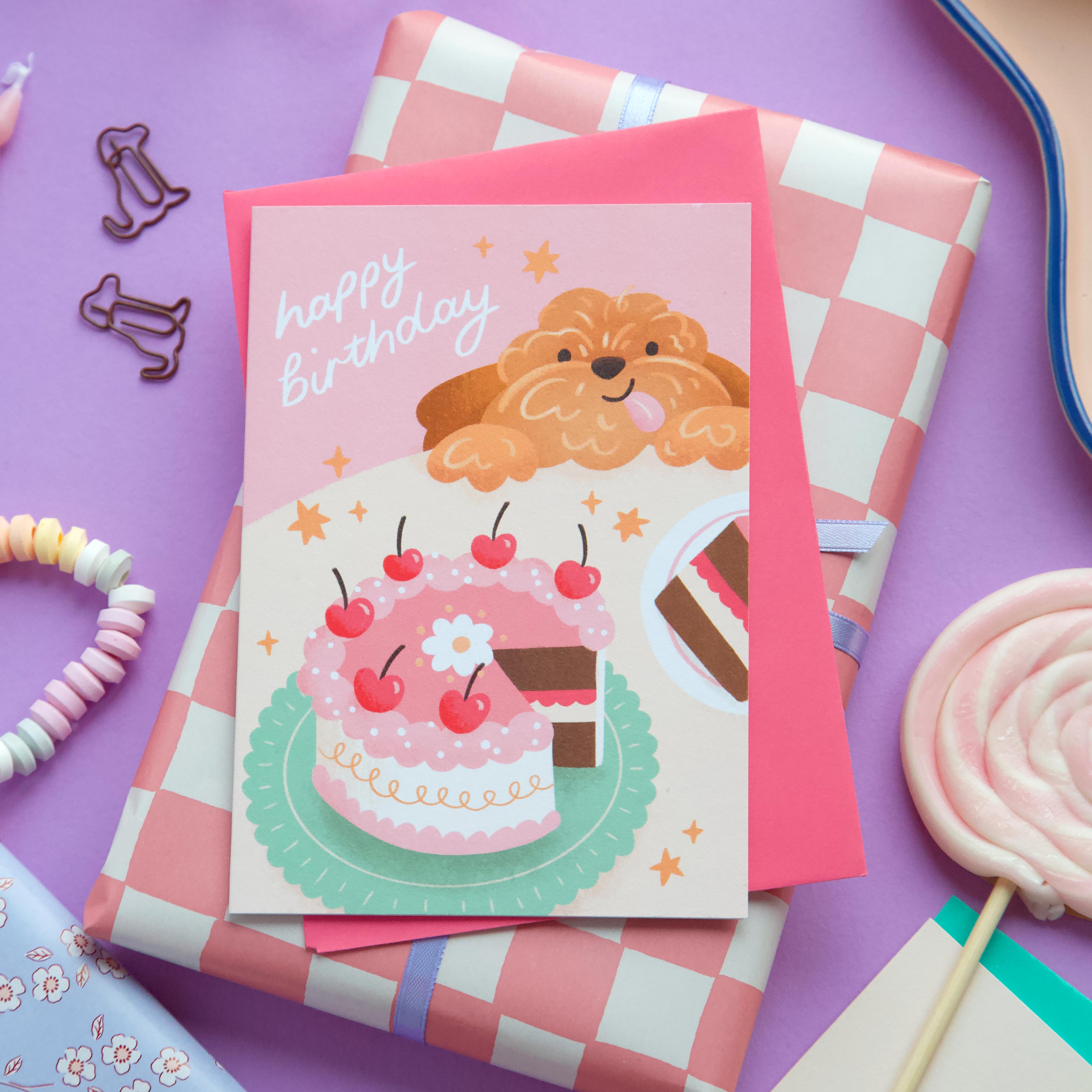 Cockapoo Dog and Cake Birthday Card