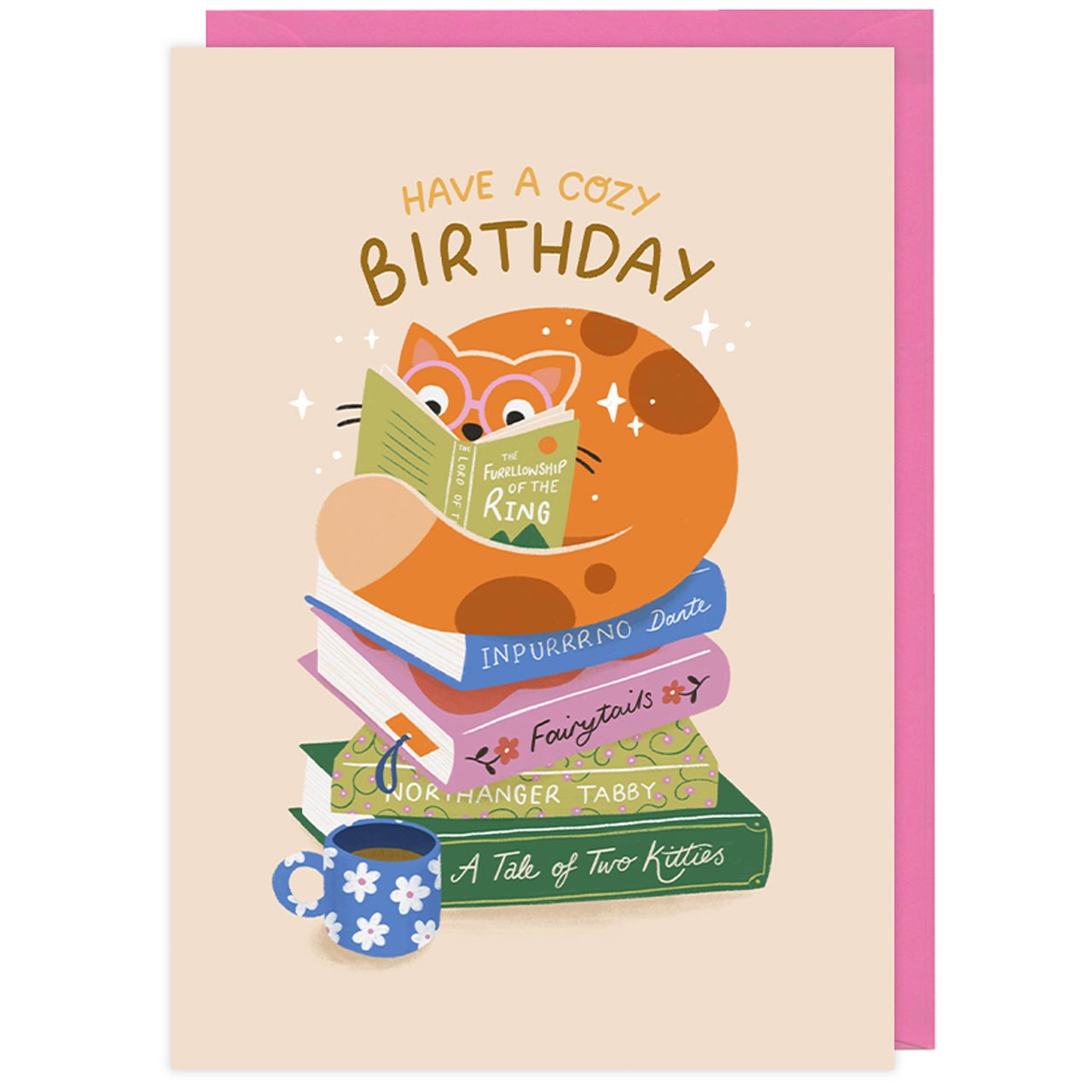 Cozy Birthday Cat and Books Card